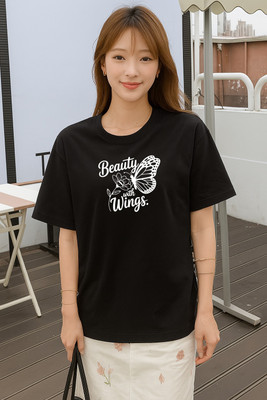 MAJESTIC FASHION Printed Women Round Neck Black T-Shirt