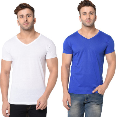 Tresna Fab Solid Men V Neck White, Blue T-Shirt