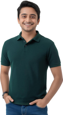 JEDFER Solid Men Polo Neck Dark Green T-Shirt