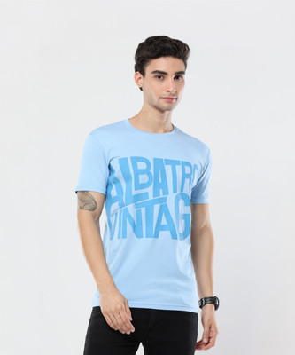 Albatross Typography Men Round Neck Reversible Blue T-Shirt