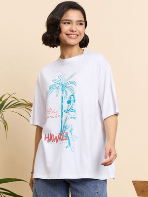 Mast & Harbour Printed Women Round Neck White T-Shirt