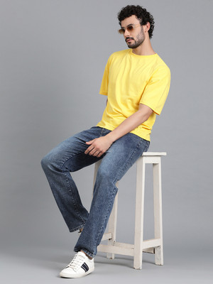 KOTTY Solid Men Round Neck Yellow T-Shirt