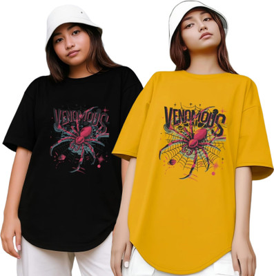 Xsware Printed Women Round Neck Black, Yellow T-Shirt