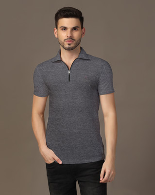 GEUM Solid Men Polo Neck Grey T-Shirt