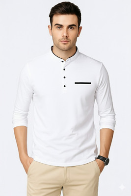 PEAK MOUNT Solid Men Mandarin Collar White T-Shirt