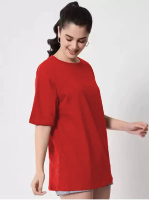 etsun Solid Women Round Neck Red T-Shirt