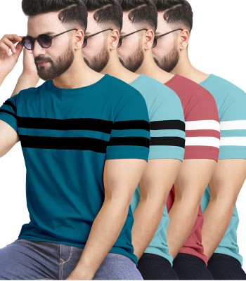 AUSK Striped Men Round Neck Pink, Light Blue, Dark Blue T-Shirt