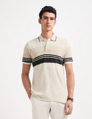 Arrow Sport Striped Men Polo Neck Beige T-Shirt