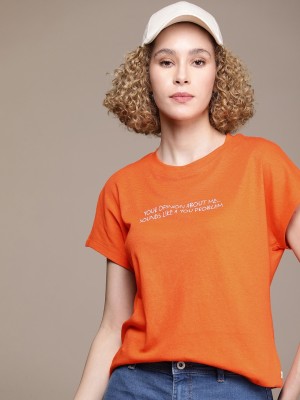 Roadster Typography Women Round Neck Orange T-Shirt