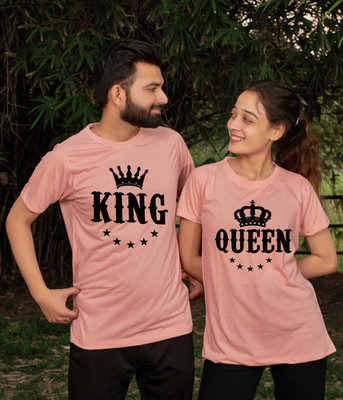 JH MART Printed Couple Round Neck Pink T-Shirt