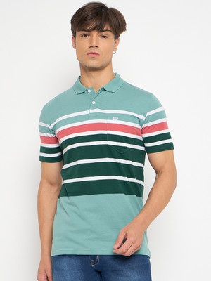 DUKE Striped Men Polo Neck Green T-Shirt