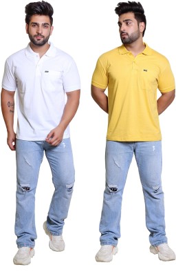 Japroz Solid Men Polo Neck White, Yellow T-Shirt