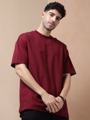 LazyGreg Solid Men Round Neck Maroon T-Shirt