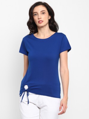 Ap'pulse Solid Women Round Neck Blue T-Shirt