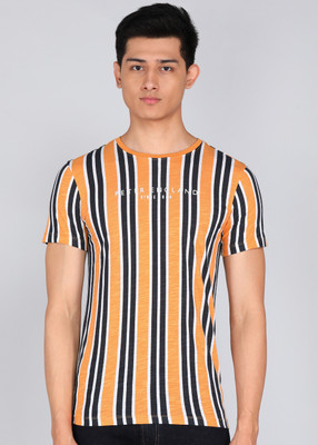 PETER ENGLAND Striped Men Round Neck Yellow T-Shirt