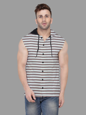 GEUM Striped Men Hooded Neck Beige T-Shirt
