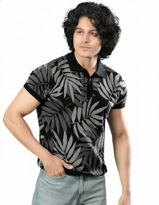 SaintArebian Self Design Men Polo Neck Black, Grey T-Shirt