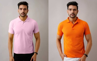 Silver Swan Solid Men Polo Neck Pink, Orange T-Shirt