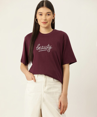 SLENOR Graphic Print Women Round Neck Maroon T-Shirt