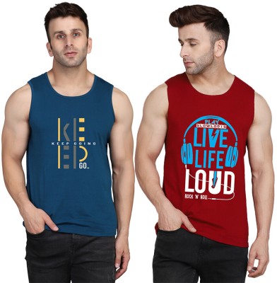 SLOWLORIS Printed Men Scoop Neck Maroon, Dark Blue T-Shirt