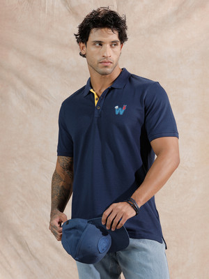 WROGN Solid Men Polo Neck Blue T-Shirt