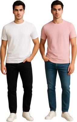 KART BLACK Solid Men Round Neck White, Pink T-Shirt