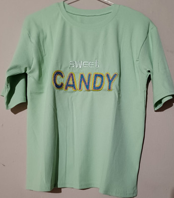Skstyletshirt Embroidered Women Round Neck Light Green T-Shirt