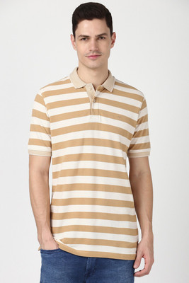 PETER ENGLAND Striped Men Polo Neck Beige T-Shirt