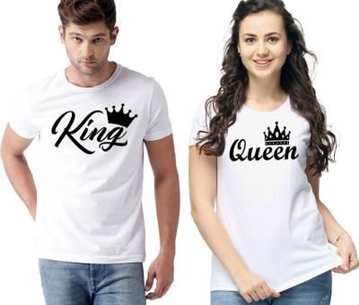 ATHLETIQO Printed Couple Round Neck White T-Shirt