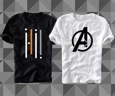 wike denim Printed Men Round Neck White, Black T-Shirt