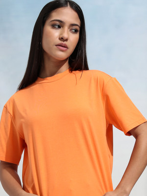 Tokyo Talkies Solid Women Round Neck Orange T-Shirt