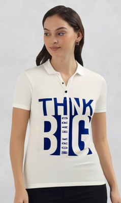 SHAUN Printed Women Polo Neck White T-Shirt