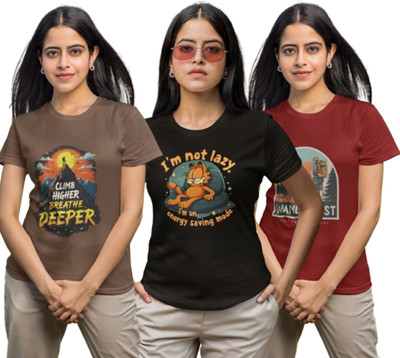 Stylewill Graphic Print Women Round Neck Brown, Black, Maroon T-Shirt