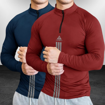 GGARBLY Striped Men High Neck Navy Blue, Maroon T-Shirt