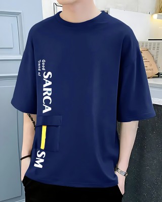 FAOES Striped Men Round Neck Navy Blue T-Shirt