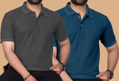 KAJARU Solid Men Polo Neck Dark Green, Grey T-Shirt