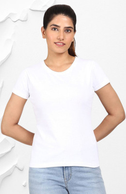 AODACH Solid Women Round Neck White T-Shirt