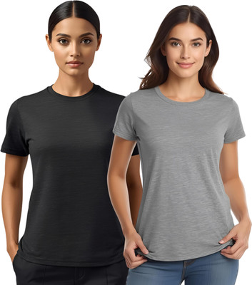 SHARXTRENDS Solid Women Round Neck Black, Grey T-Shirt