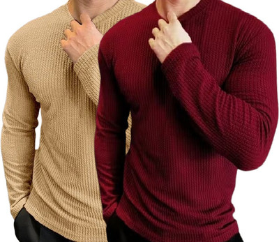 HELMONT Self Design Men Round Neck Beige, Maroon T-Shirt