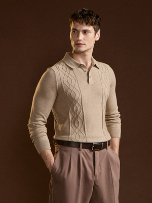 THE BEAR HOUSE Self Design Men Polo Neck Brown T-Shirt
