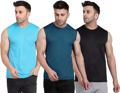 Think Tech Solid Men Round Neck Light Blue, Blue, Black T-Shirt