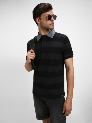 Dennis Lingo Striped Men Polo Neck Grey, Black T-Shirt