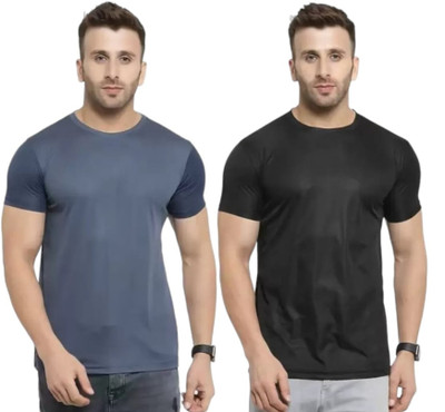 PicPok Solid Men Round Neck Grey, Black T-Shirt