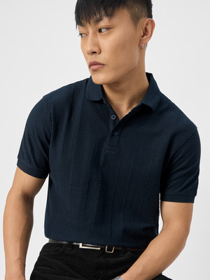 The Souled Store Solid Men Polo Neck Navy Blue T-Shirt