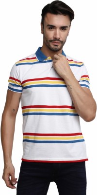 V-MART Striped Men Polo Neck White T-Shirt