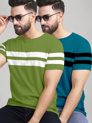 AUSK Colorblock Men Round Neck Dark Blue, Green T-Shirt