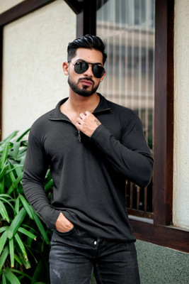 INDICLUB Solid Men Zip Neck Black T-Shirt