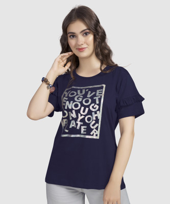 Monisha Plus Graphic Print Women Round Neck Navy Blue T-Shirt