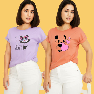 Kintu Parantu Printed Women Round Neck Purple, Pink T-Shirt