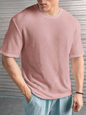 HouseOfCommon Self Design Men Round Neck Pink T-Shirt